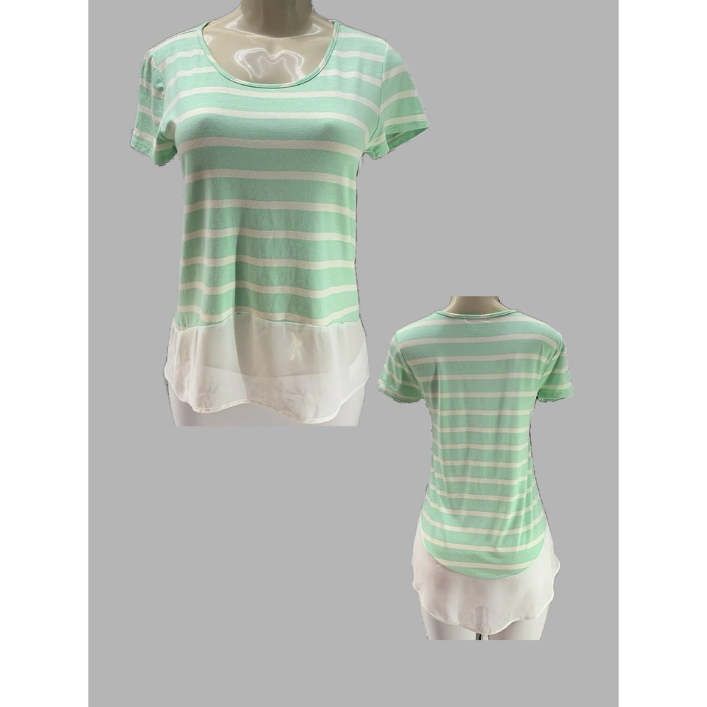 Cha Cha Vente M Mint Green White Striped Sheer Chiffon Hemline Top Short Sleeve